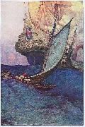 An Attack on a Galleon: illustration of pirates approaching a ship, Howard Pyle